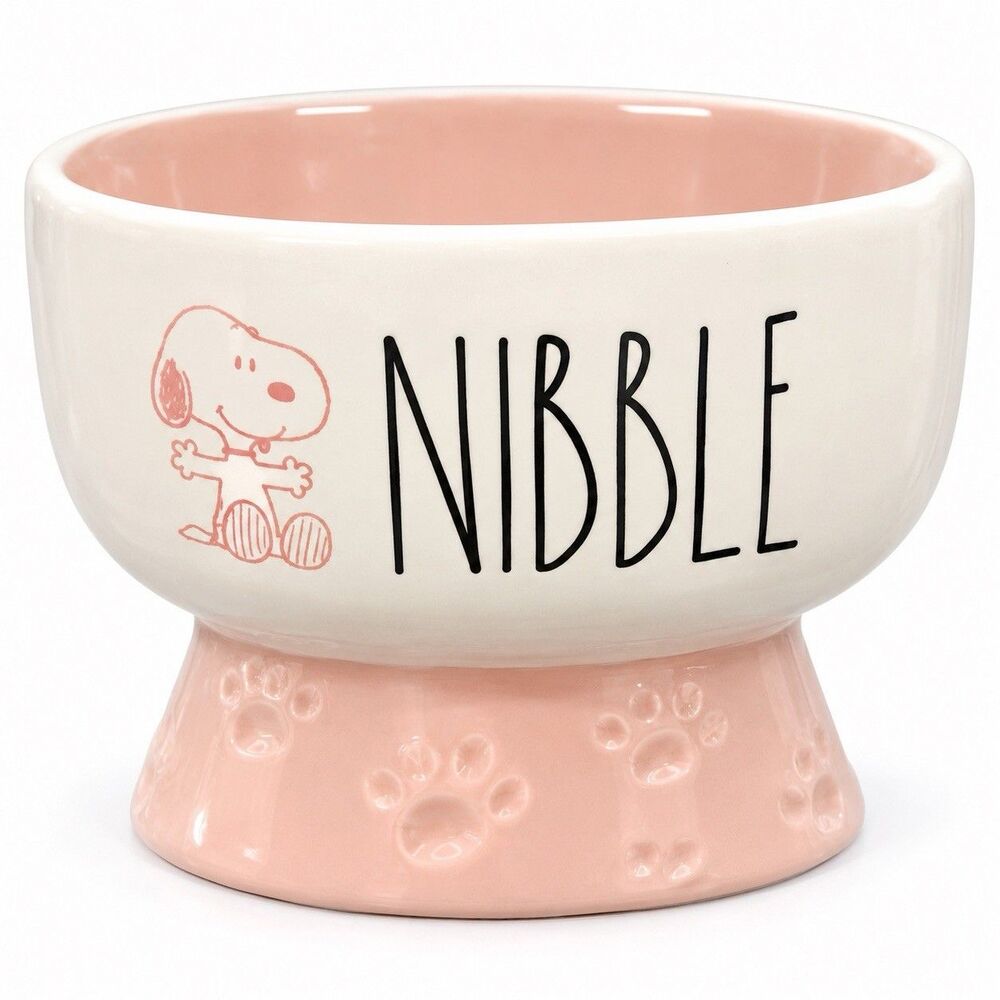 Rae Dunn x Peanuts Snoopy NIBBLE Raised Ceramic Dog Bowl Pink White Pet Dishi